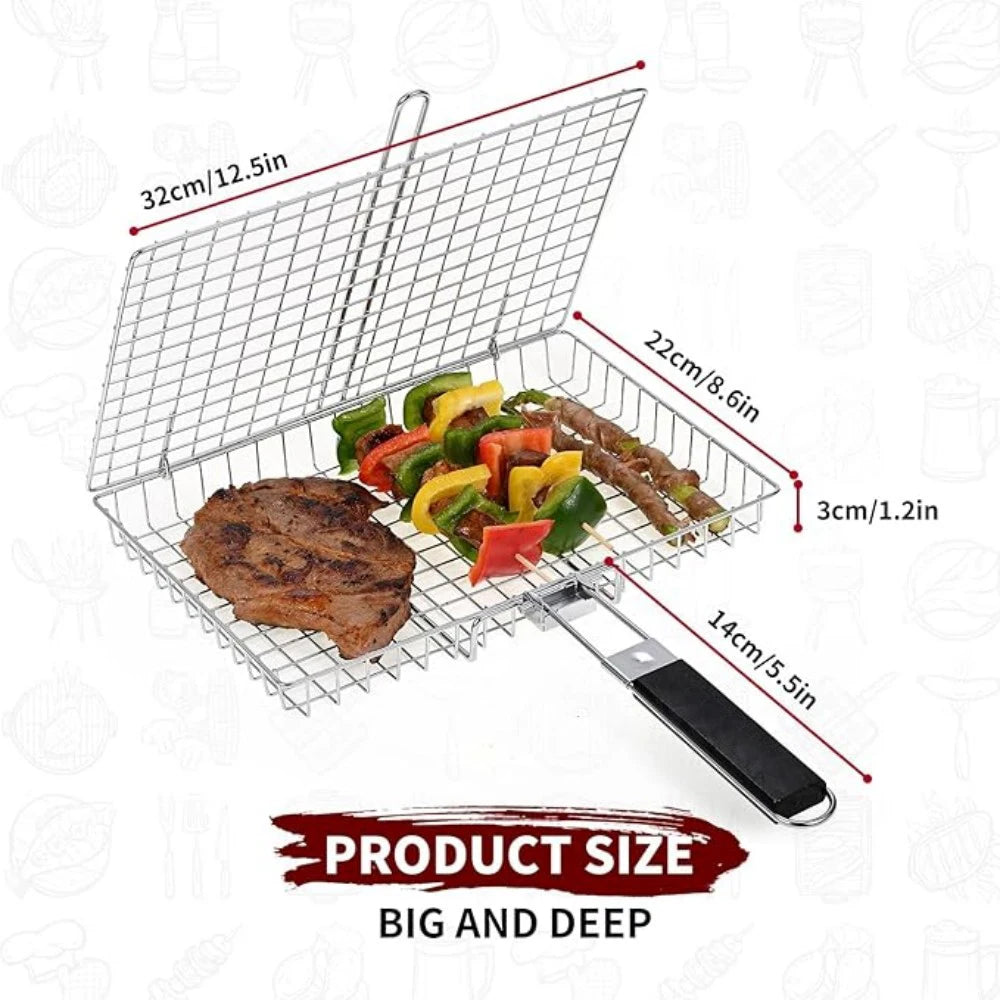 Portable Grill Basket Folding Stainless Steel BBQ Grill Basket with Handle for Fish Vegetables Shrimp Cooking Cookware Tools