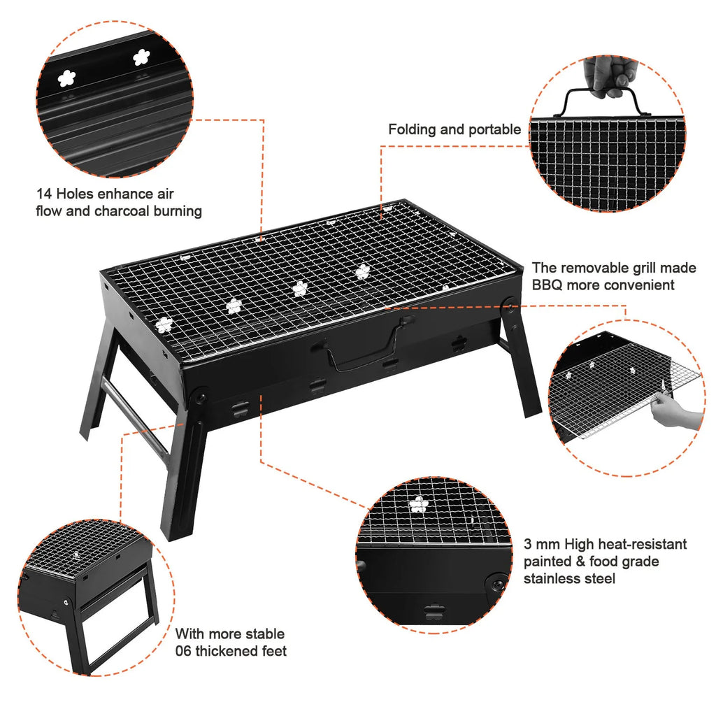 [US Stock] Portable Charcoal BBQ Grill Folding Stainless Steel Barbecue for Outdoor Camping Tailgating Picnic 4-6 People
