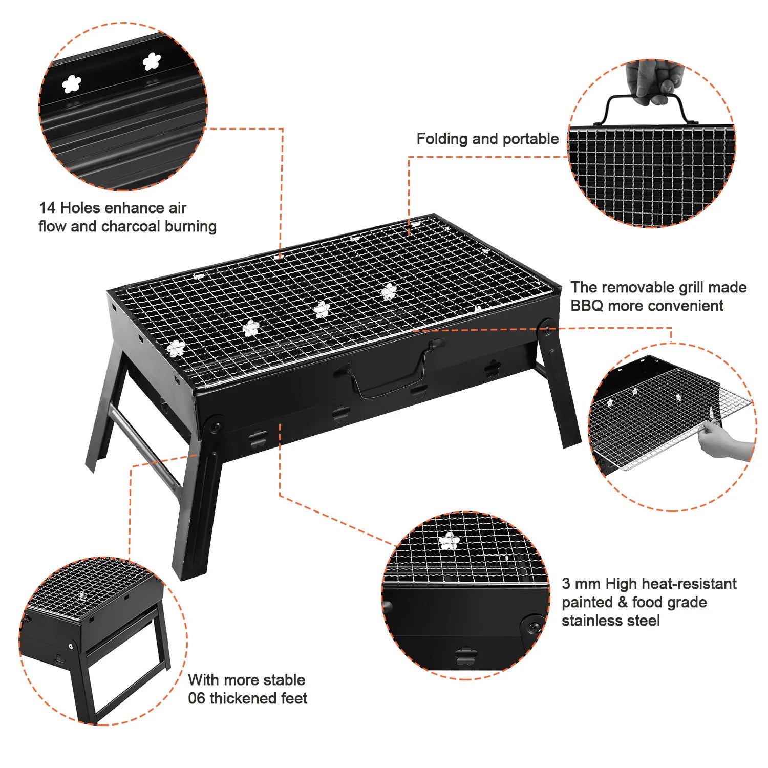 [US Stock] Portable Charcoal BBQ Grill Folding Stainless Steel Barbecue for Outdoor Camping Tailgating Picnic 4-6 People