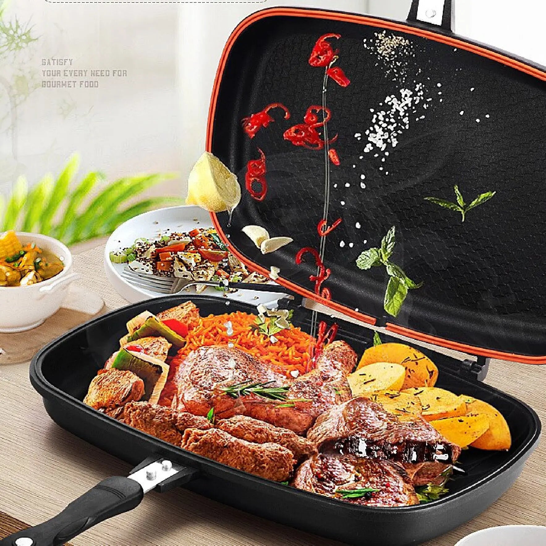 Nonstick Reversible Grill Pan Double-Sided Ribbed Flat BBQ Griddle Indoor Outdoor Cookware