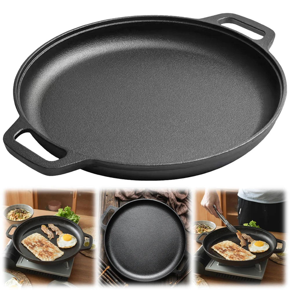 Cast Iron Skillet Pan with Dual Handles Non-Stick Round Griddle For Crepes And Pizza Kitchen Outdoor BBQ Grill Cookware Fry Pan
