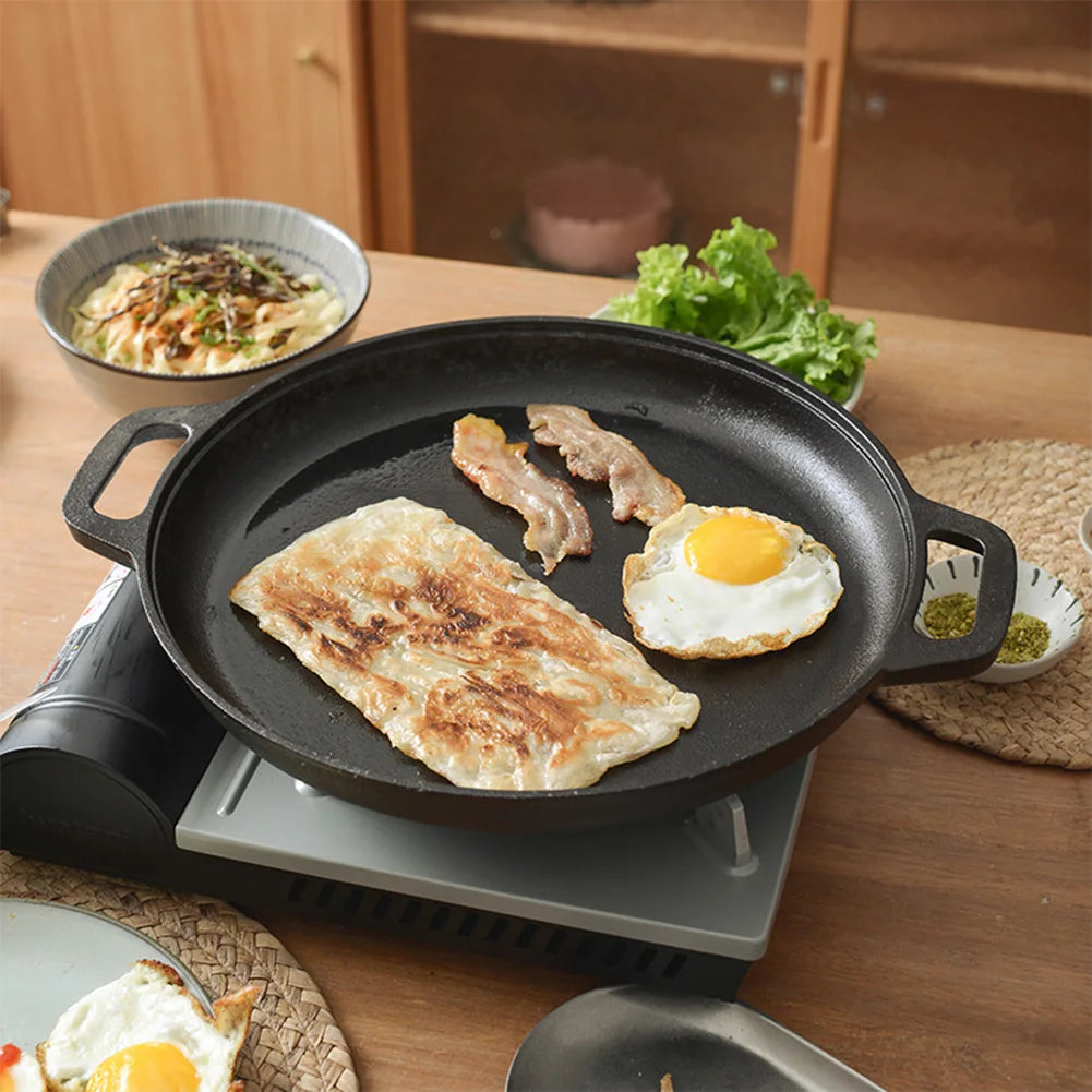 Cast Iron Skillet Pan with Dual Handles Non-Stick Round Griddle For Crepes And Pizza Kitchen Outdoor BBQ Grill Cookware Fry Pan