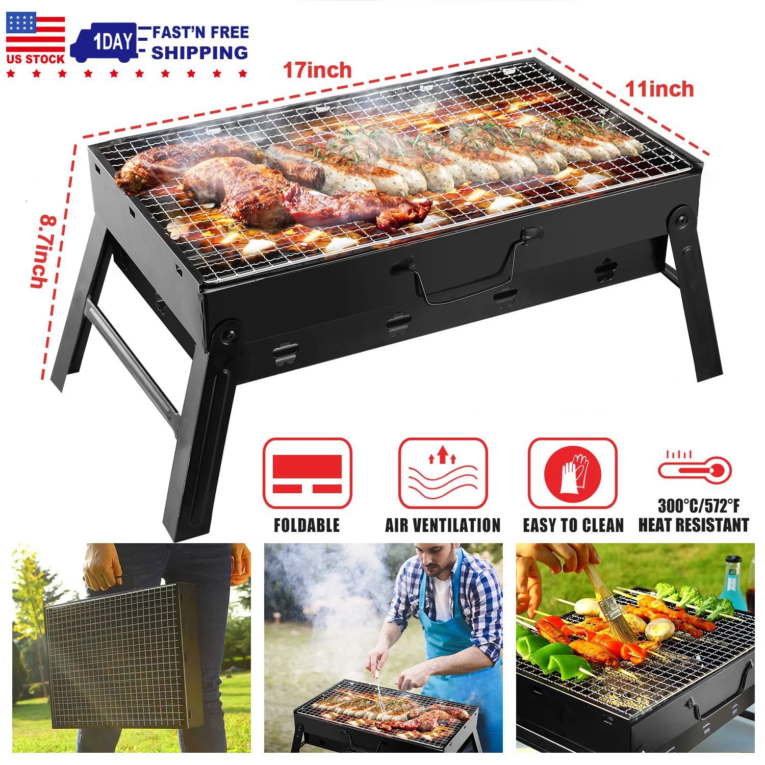 [US Stock] Portable Charcoal BBQ Grill Folding Stainless Steel Barbecue for Outdoor Camping Tailgating Picnic 4-6 People