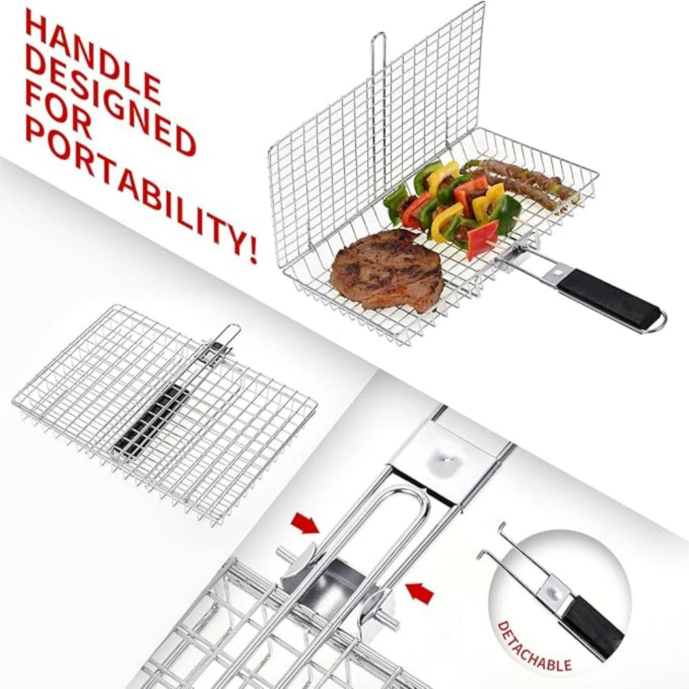 Portable Grill Basket Folding Stainless Steel BBQ Grill Basket with Handle for Fish Vegetables Shrimp Cooking Cookware Tools